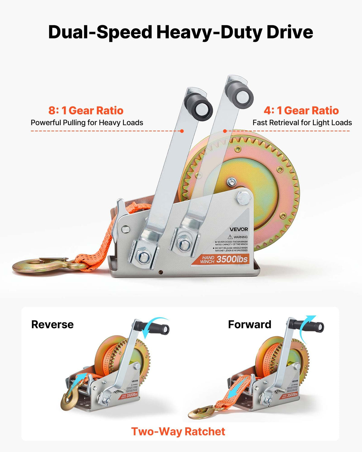 VEVOR Boat Winch, 3500 lbs Hand Winch, Heavy Duty Manual Rope Crank with 20ft Orange Polyester Strap, Portable Two-Way Ratchet, 2 Speed Switchable, Anti-Slip Handle Gear for Boat Trailer ATV Towing - DLDSDJPYS350V547I001V0 - view 7