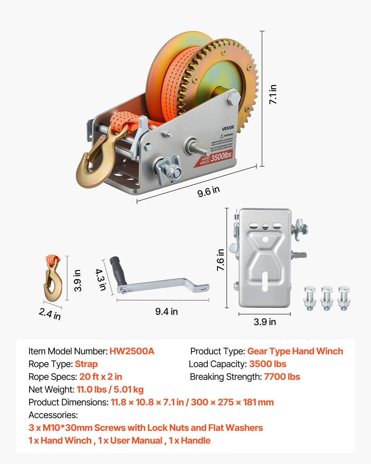 VEVOR Boat Winch, 3500 lbs Hand Winch, Heavy Duty Manual Rope Crank with 20ft Orange Polyester Strap, Portable Two-Way Ratchet, 2 Speed Switchable, Anti-Slip Handle Gear for Boat Trailer ATV Towing - DLDSDJPYS350V547I001V0 - view 8