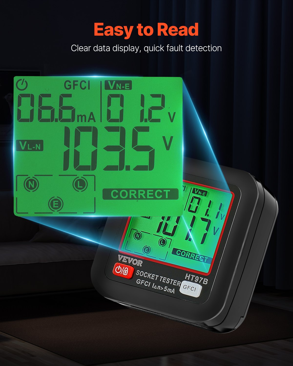 VEVOR Outlet Tester, Electrical GFCI Trip Tester, LCD Display Receptacle Detector for 7 Common Wiring Faults
