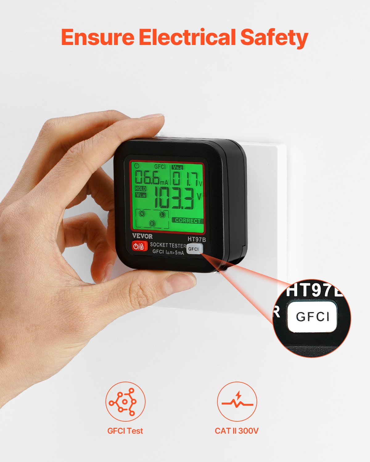 VEVOR Outlet Tester, Electrical GFCI Trip Tester, LCD Display Receptacle Detector for 7 Common Wiring Faults