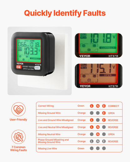 VEVOR Outlet Tester, Electrical GFCI Trip Tester, LCD Display Receptacle Detector for 7 Common Wiring Faults