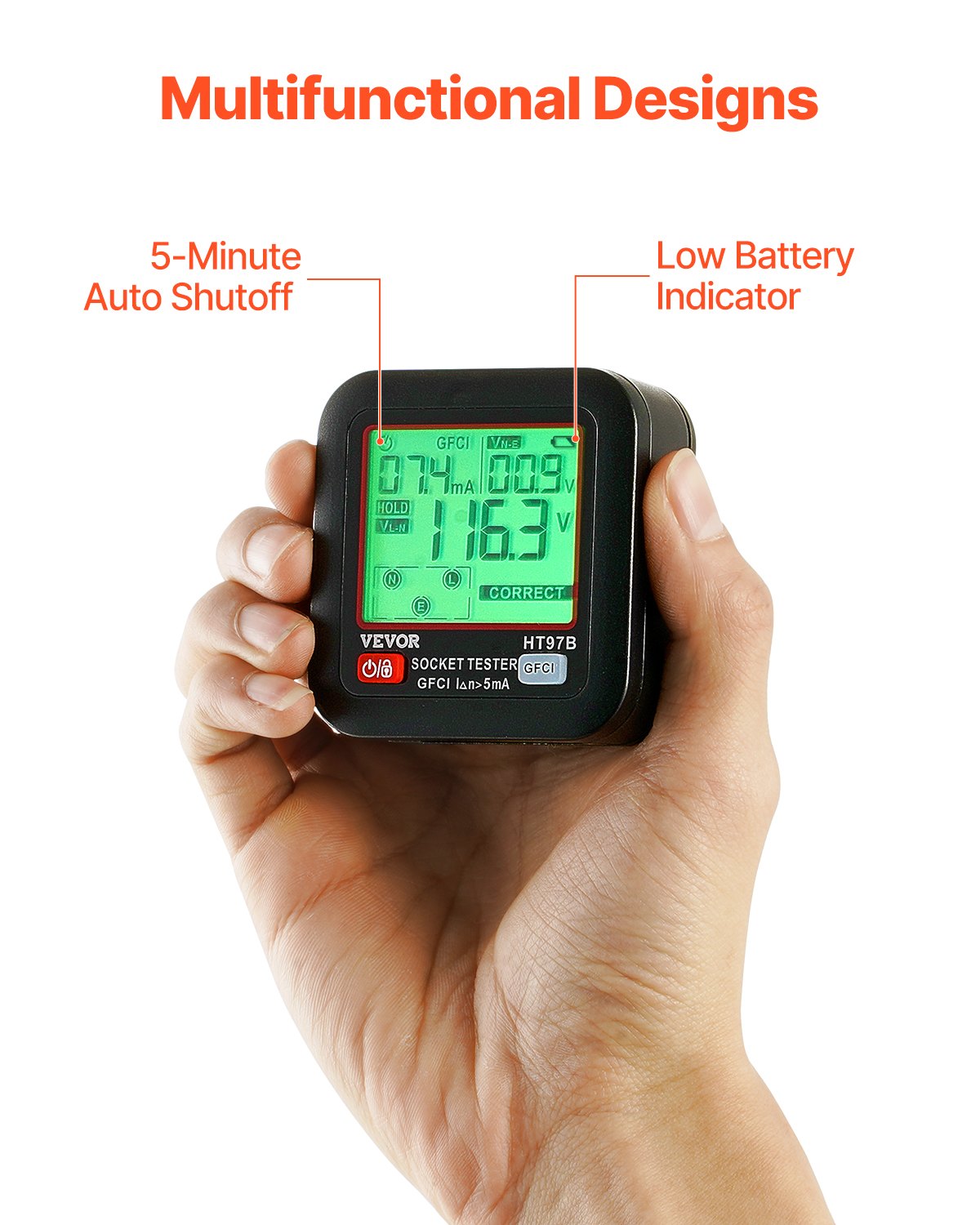 VEVOR Outlet Tester, Electrical GFCI Trip Tester, LCD Display Receptacle Detector for 7 Common Wiring Faults
