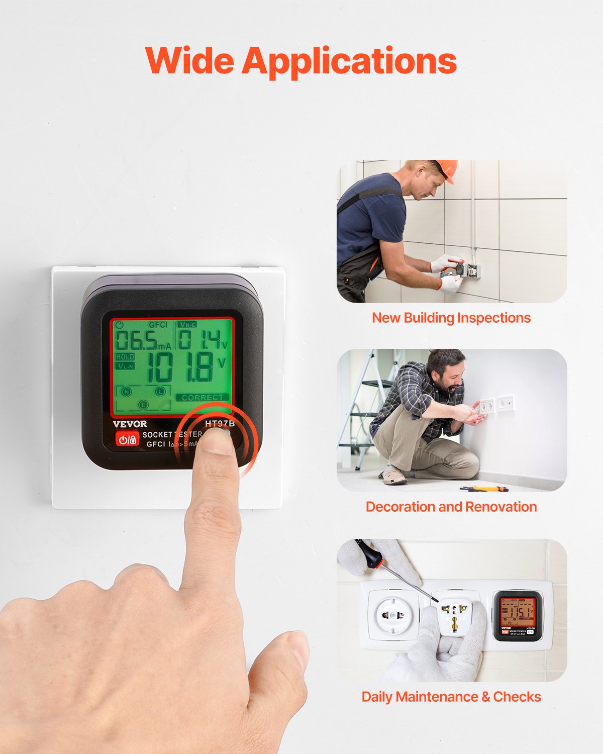 VEVOR Outlet Tester, Electrical GFCI Trip Tester, LCD Display Receptacle Detector for 7 Common Wiring Faults