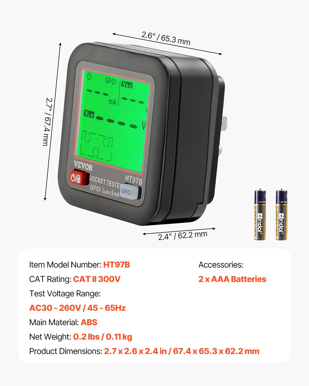 VEVOR Outlet Tester, Electrical GFCI Trip Tester, LCD Display Receptacle Detector for 7 Common Wiring Faults