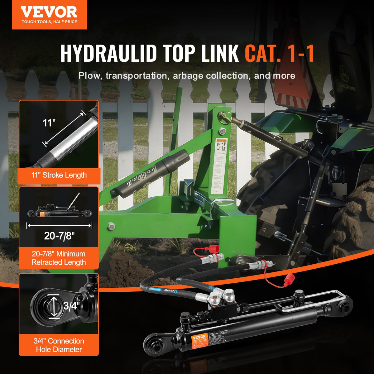 VEVOR Hydraulic Top Link Cat.1-1 (11 in, 20-7/8~31-7/8 in ), Hydraulic Cylinder with 2 Hoses & G3/8" Check Valve - DLGYYGL11IN26R8N3V0 - view 3