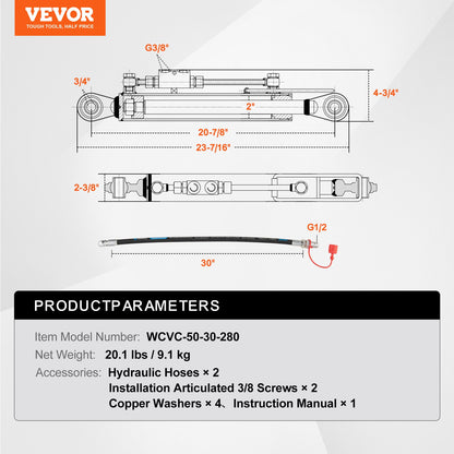 VEVOR Hydraulic Top Link Cat.1-1 (11 in, 20-7/8~31-7/8 in ), Hydraulic Cylinder with 2 Hoses & G3/8" Check Valve - DLGYYGL11IN26R8N3V0 - view 8