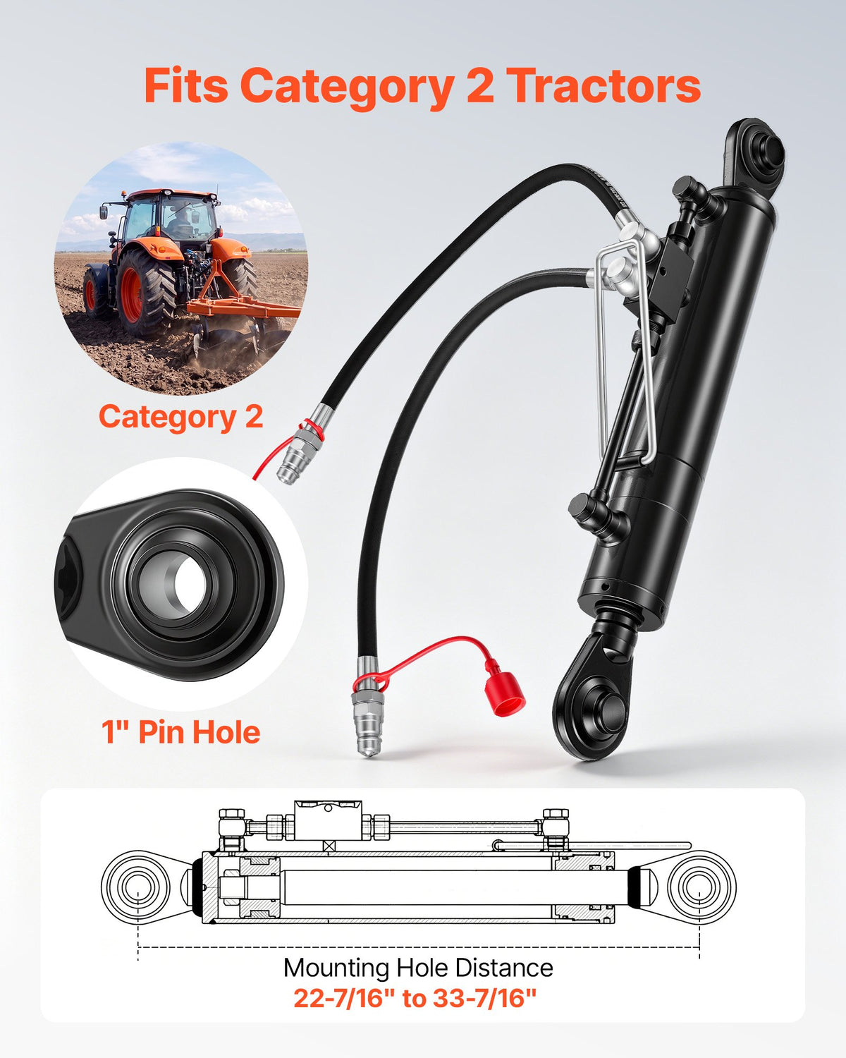 VEVOR Hydraulic Top Link Cat. 2-2 (11 in Stroke, 22-7/16 in to 33-7/16 in), Max 2900PSI Hydraulic Cylinder with 2 Hoses & G3/8" Check Valves for Tractors - DLGYYGL22383BCMN6001V0 - view 3
