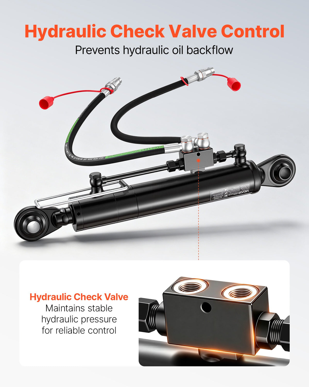 VEVOR Hydraulic Top Link Cat. 2-2 (11 in Stroke, 22-7/16 in to 33-7/16 in), Max 2900PSI Hydraulic Cylinder with 2 Hoses & G3/8" Check Valves for Tractors - DLGYYGL22383BCMN6001V0 - view 5