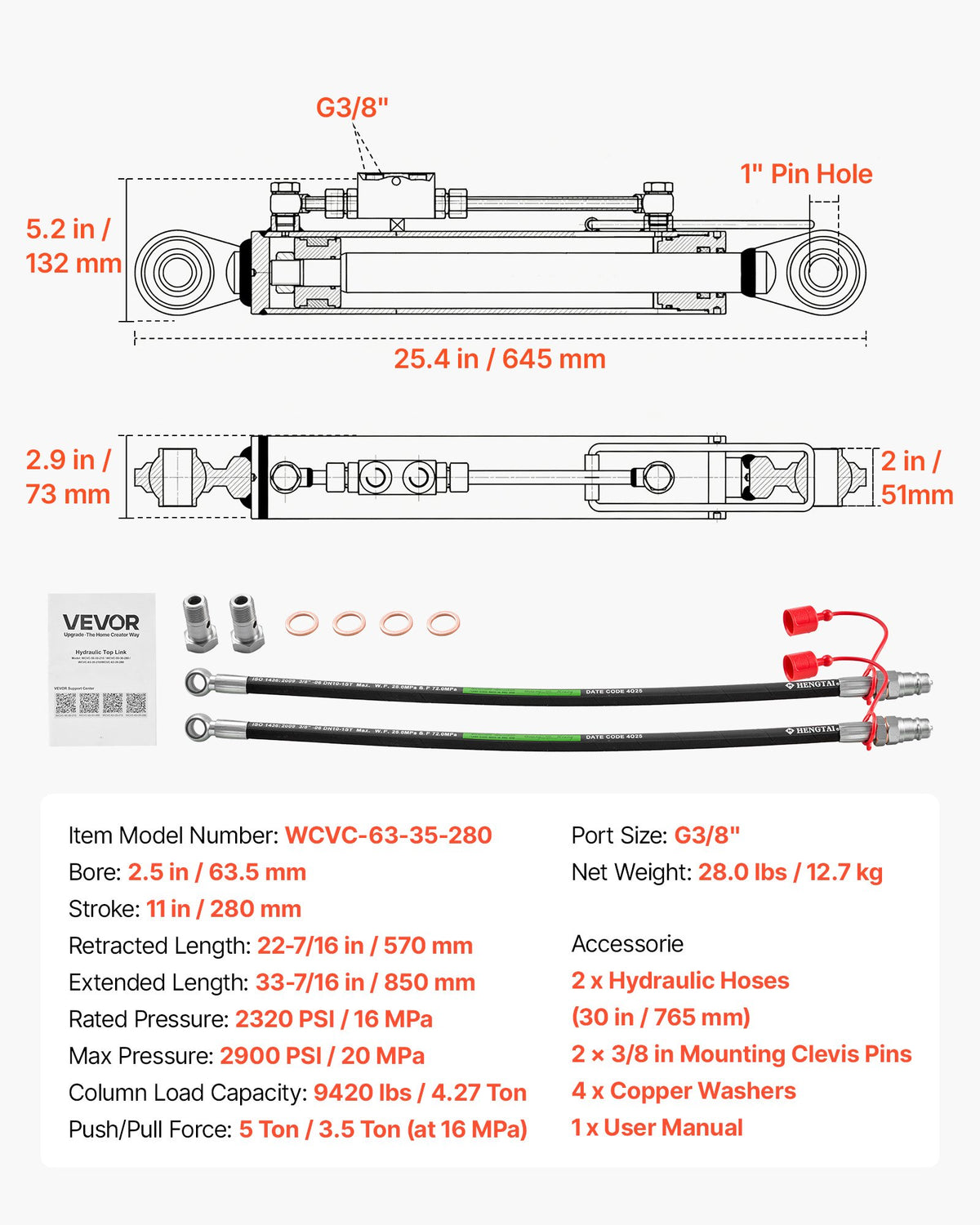 VEVOR Hydraulic Top Link Cat. 2-2 (11 in Stroke, 22-7/16 in to 33-7/16 in), Max 2900PSI Hydraulic Cylinder with 2 Hoses & G3/8" Check Valves for Tractors - DLGYYGL22383BCMN6001V0 - view 8