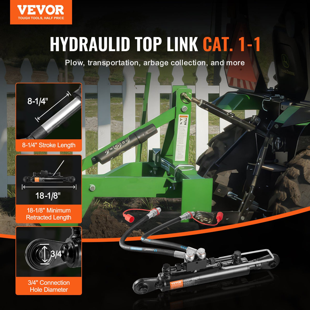 VEVOR Hydraulic Top Link Cat.1-1 (8-1/4 in, 18-1/8~26-3/8 in ), Hydraulic Cylinder with 2 Hoses & G3/8" Check Valve - DLGYYGL814IN62VMZV0 - view 3
