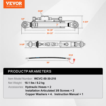 VEVOR Hydraulic Top Link Cat.1-1 (8-1/4 in, 18-1/8~26-3/8 in ), Hydraulic Cylinder with 2 Hoses & G3/8" Check Valve - DLGYYGL814IN62VMZV0 - view 8