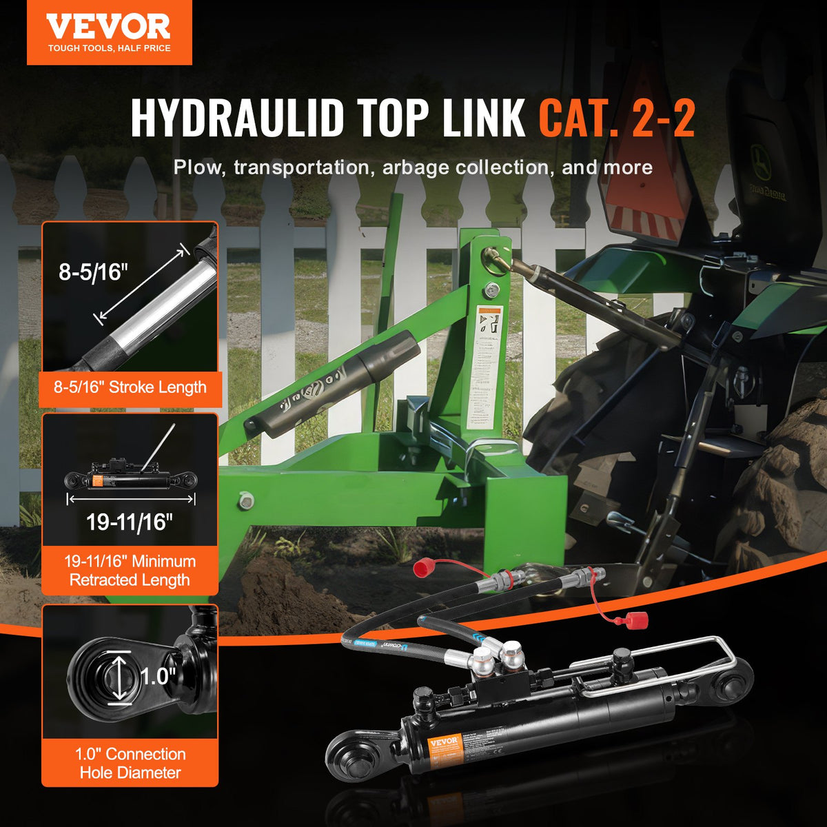 VEVOR Hydraulic Top Link Cat. 2-2（8-5/16 in, 19-11/16~28 in), Hydraulic Cylinder with 2 Hoses & G3/8" Check Valve - DLGYYGL8516I13QS9V0 - view 3