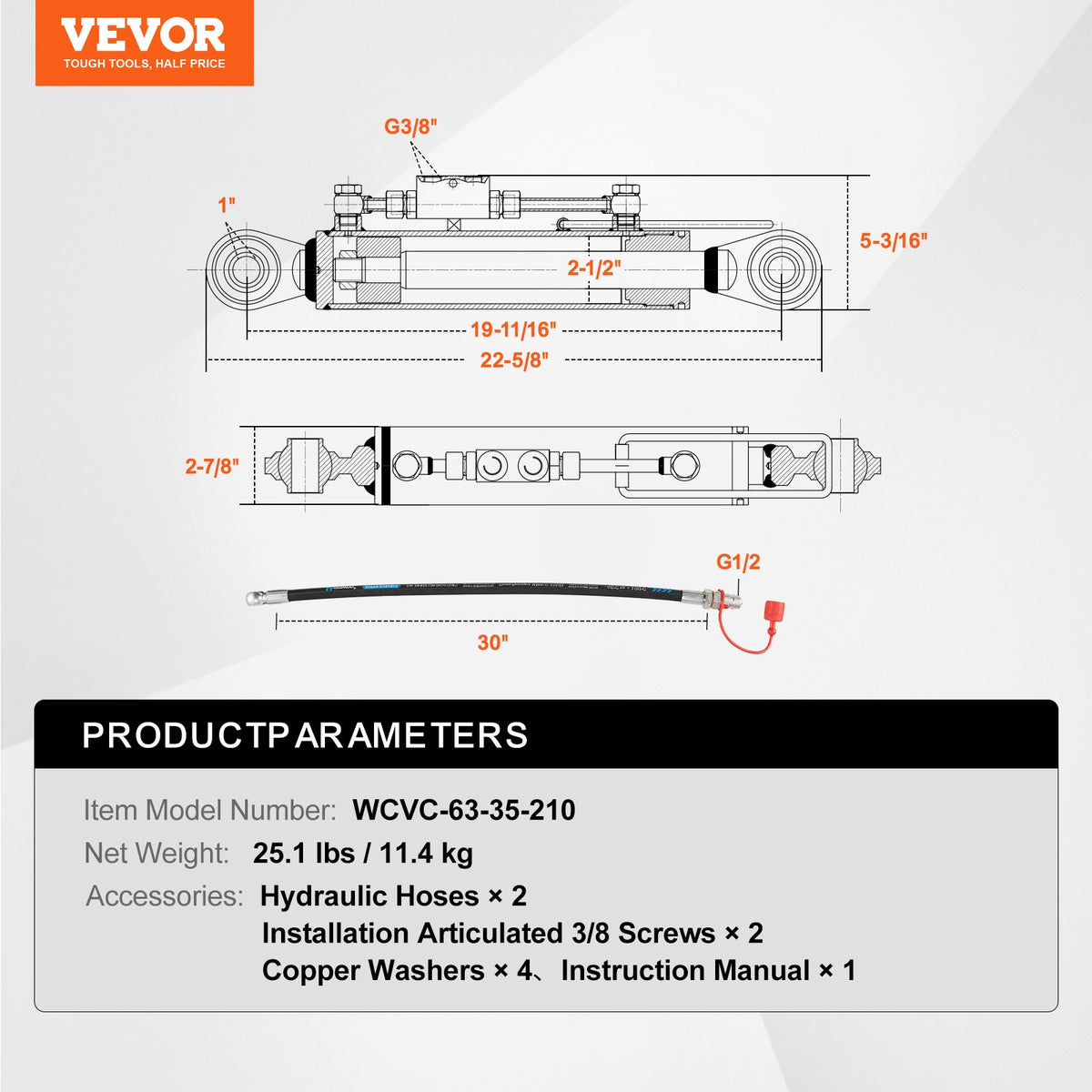 VEVOR Hydraulic Top Link Cat. 2-2（8-5/16 in, 19-11/16~28 in), Hydraulic Cylinder with 2 Hoses & G3/8" Check Valve - DLGYYGL8516I13QS9V0 - view 8