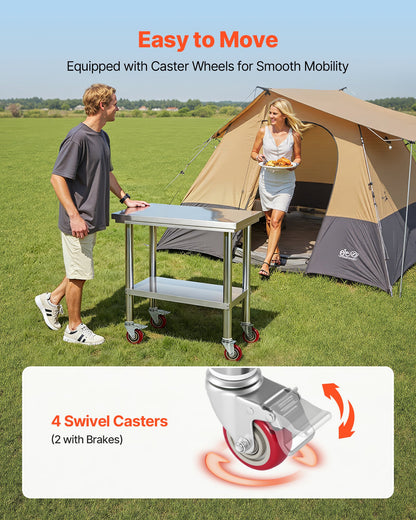 VEVOR Stainless Steel Table, 24 x 30 Inches Food Prep Worktable with Wheels, Kitchen Prep Table with Adjustable Undershelf Workstations for Commercial Kitchen, Restaurant, Hotel and Garage, Outdoor - DLGZT2CWDB248JRDY001V0 - view 6