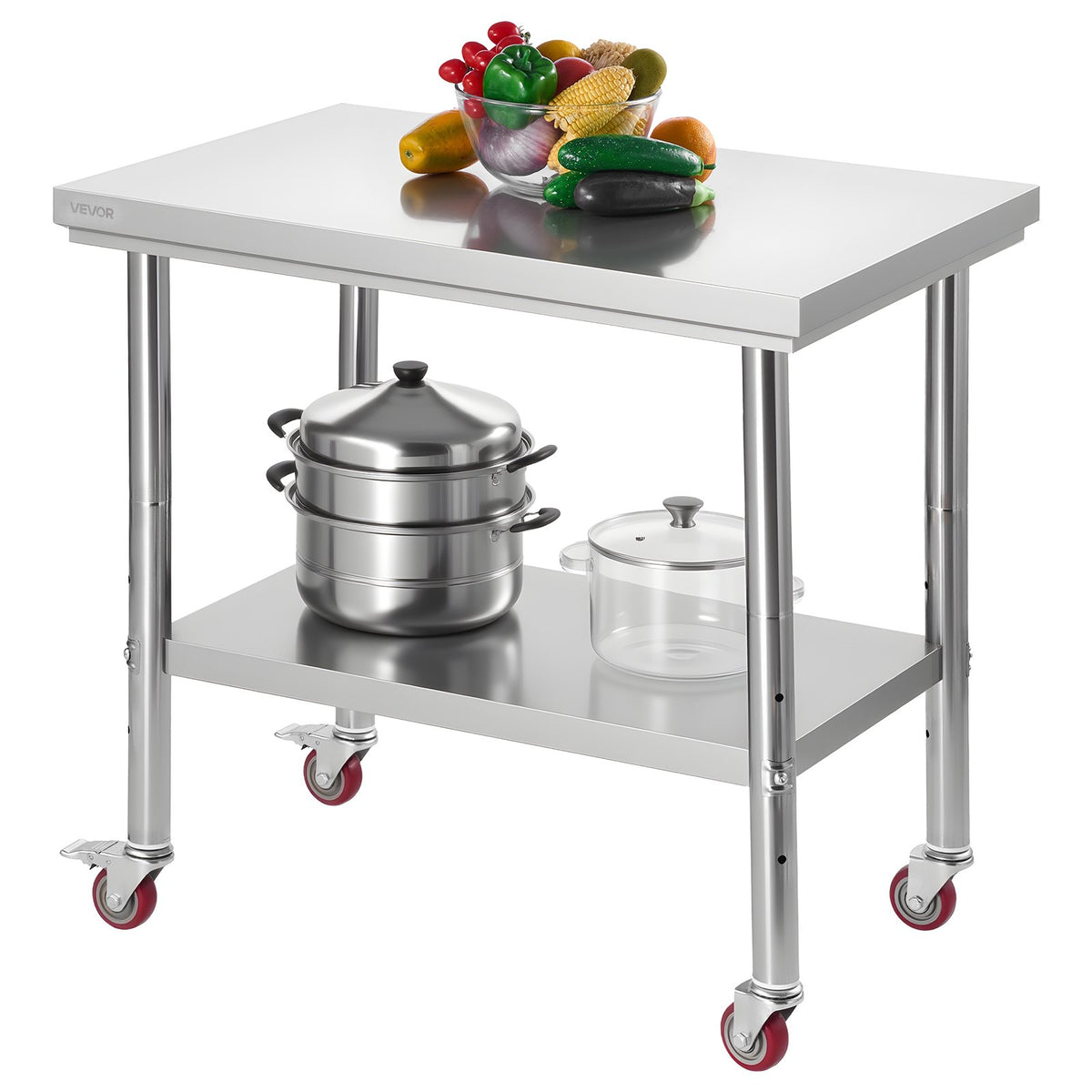 VEVOR Stainless Steel Table, 24 x 35.4 Inches Food Prep Worktable with Wheels, Kitchen Prep Table with Adjustable Undershelf Workstations for Commercial Kitchen, Restaurant, Hotel and Garage, Outdoor - DLGZT2CWDB24ABSMO001V0 - view 1