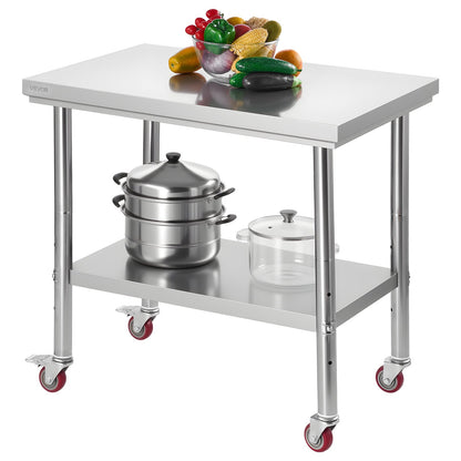 VEVOR Stainless Steel Table, 24 x 35.4 Inches Food Prep Worktable with Wheels, Kitchen Prep Table with Adjustable Undershelf Workstations for Commercial Kitchen, Restaurant, Hotel and Garage, Outdoor - DLGZT2CWDB24ABSMO001V0 - view 1