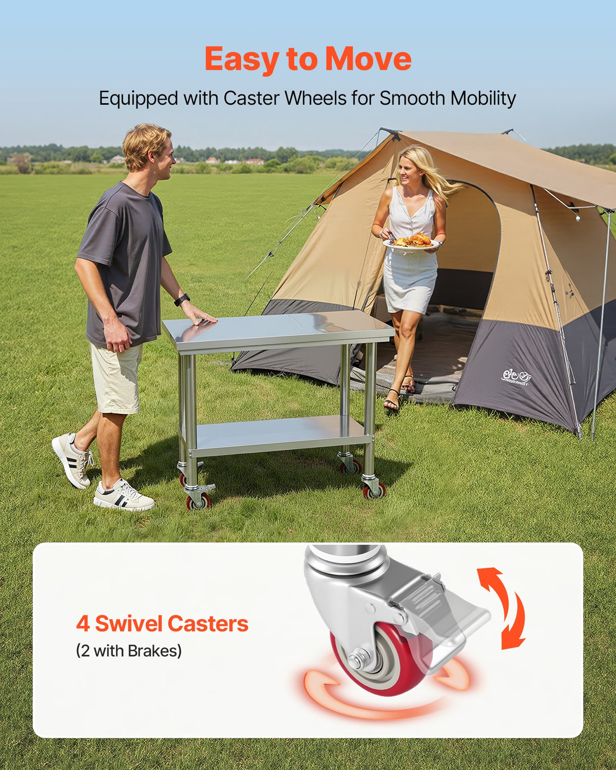 VEVOR Stainless Steel Table, 24 x 35.4 Inches Food Prep Worktable with Wheels, Kitchen Prep Table with Adjustable Undershelf Workstations for Commercial Kitchen, Restaurant, Hotel and Garage, Outdoor - DLGZT2CWDB24ABSMO001V0 - view 6