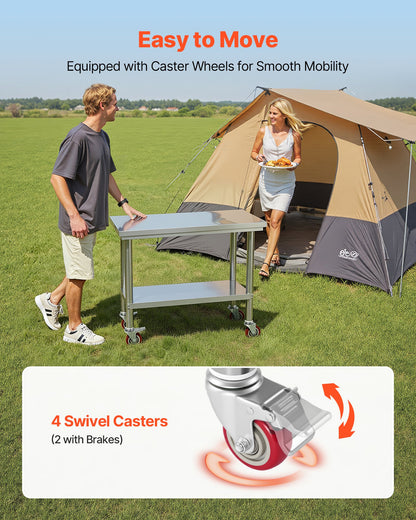 VEVOR Stainless Steel Table, 24 x 35.4 Inches Food Prep Worktable with Wheels, Kitchen Prep Table with Adjustable Undershelf Workstations for Commercial Kitchen, Restaurant, Hotel and Garage, Outdoor - DLGZT2CWDB24ABSMO001V0 - view 6