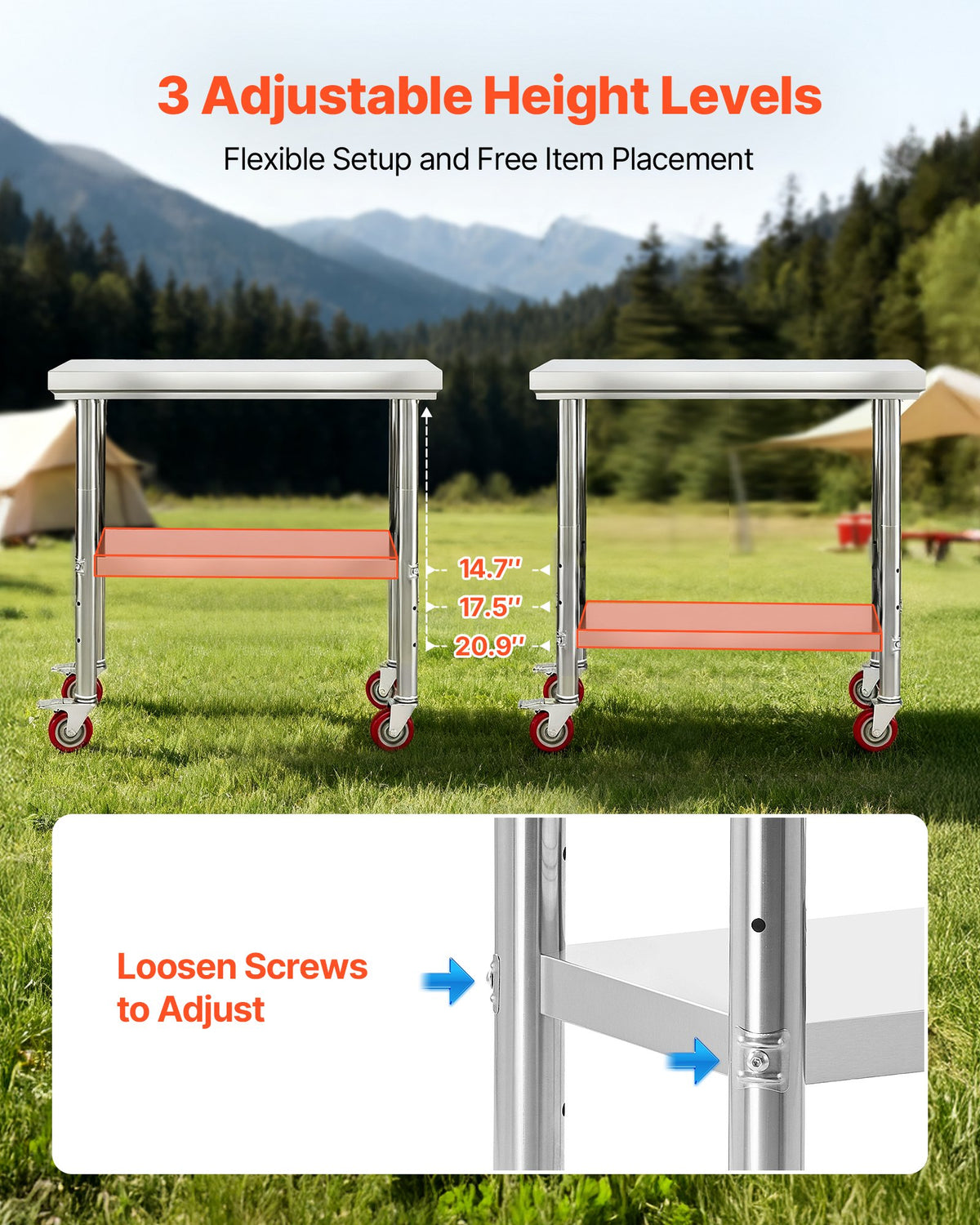 VEVOR Stainless Steel Table, 24 x 35.4 Inches Food Prep Worktable with Wheels, Kitchen Prep Table with Adjustable Undershelf Workstations for Commercial Kitchen, Restaurant, Hotel and Garage, Outdoor - DLGZT2CWDB24ABSMO001V0 - view 7
