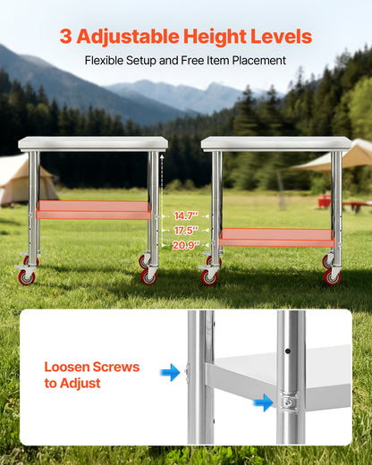 VEVOR Stainless Steel Table, 24 x 35.4 Inches Food Prep Worktable with Wheels, Kitchen Prep Table with Adjustable Undershelf Workstations for Commercial Kitchen, Restaurant, Hotel and Garage, Outdoor - DLGZT2CWDB24ABSMO001V0 - view 7