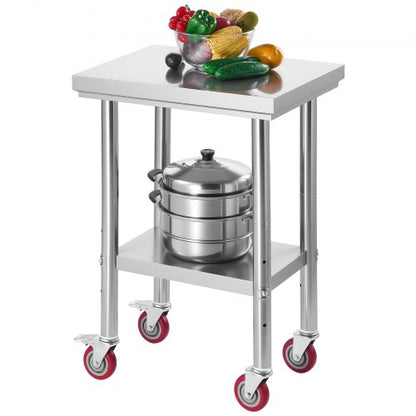 VEVOR Stainless Steel Table, 24 x 18 Inches Food Prep Worktable with Wheels, Kitchen Prep Table with Adjustable Undershelf Workstations for Commercial Kitchen, Restaurant, Hotel and Garage, Outdoor - DLGZT2CWDB24K995G001V0 - view 2