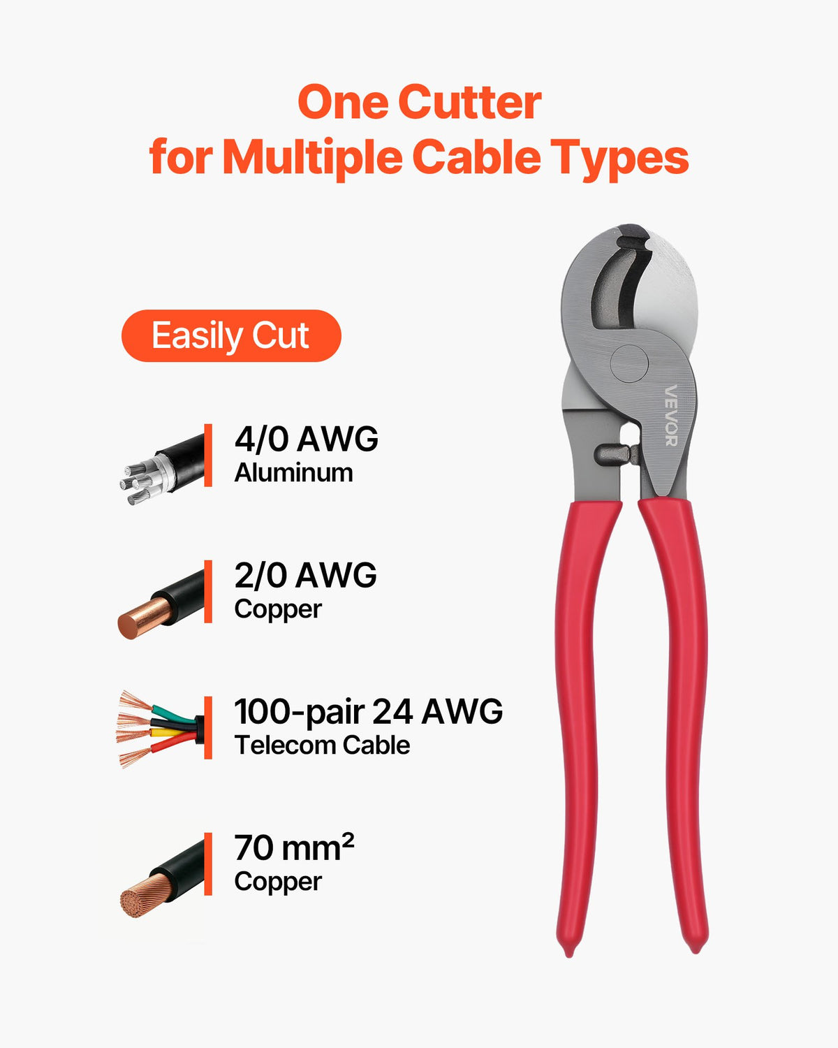 VEVOR High Leverage Cable Cutter, 9-1/4 in Compact, Forged Blades and PVC-Coated Handles, Heavy Duty Cable Cutting Pliers Tool for 4/0 AWG Aluminum, 2/0 AWG Soft Copper and 100-Pair 24AWG Comm Cables - DLJD10INCHGGFDA2D001V0 - view 3