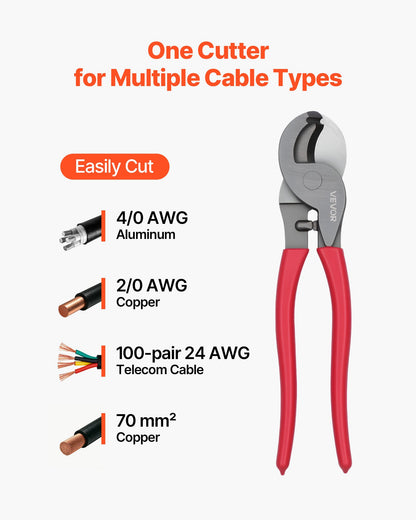 VEVOR High Leverage Cable Cutter, 9-1/4 in Compact, Forged Blades and PVC-Coated Handles, Heavy Duty Cable Cutting Pliers Tool for 4/0 AWG Aluminum, 2/0 AWG Soft Copper and 100-Pair 24AWG Comm Cables - DLJD10INCHGGFDA2D001V0 - view 3