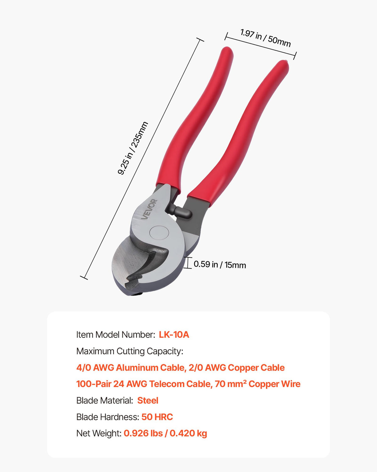 VEVOR High Leverage Cable Cutter, 9-1/4 in Compact, Forged Blades and PVC-Coated Handles, Heavy Duty Cable Cutting Pliers Tool for 4/0 AWG Aluminum, 2/0 AWG Soft Copper and 100-Pair 24AWG Comm Cables - DLJD10INCHGGFDA2D001V0 - view 8