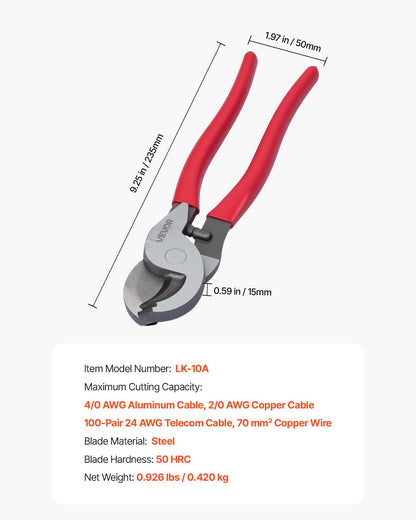 VEVOR High Leverage Cable Cutter, 9-1/4 in Compact, Forged Blades and PVC-Coated Handles, Heavy Duty Cable Cutting Pliers Tool for 4/0 AWG Aluminum, 2/0 AWG Soft Copper and 100-Pair 24AWG Comm Cables - DLJD10INCHGGFDA2D001V0 - view 8