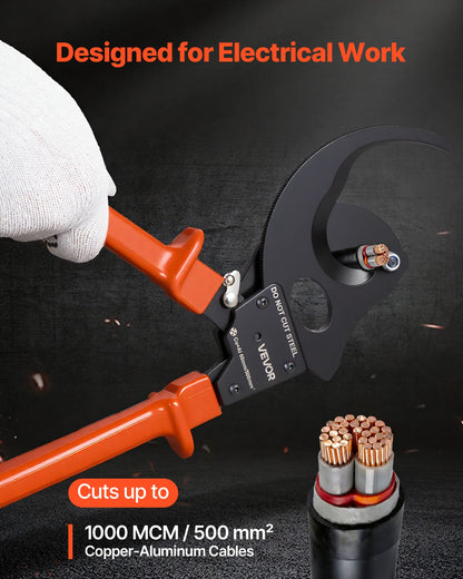 VEVOR Ratcheting Cable Cutter, Spring Steel Blades with PVC-Coated Handles, Quick-Release Button, Heavy Duty Ratchet Cable Wire Cutter for Cutting Copper & Aluminum Cables Up to 1000 MCM / 500 mm² - DLJD10INCHJLD1W12001V0 - view 3