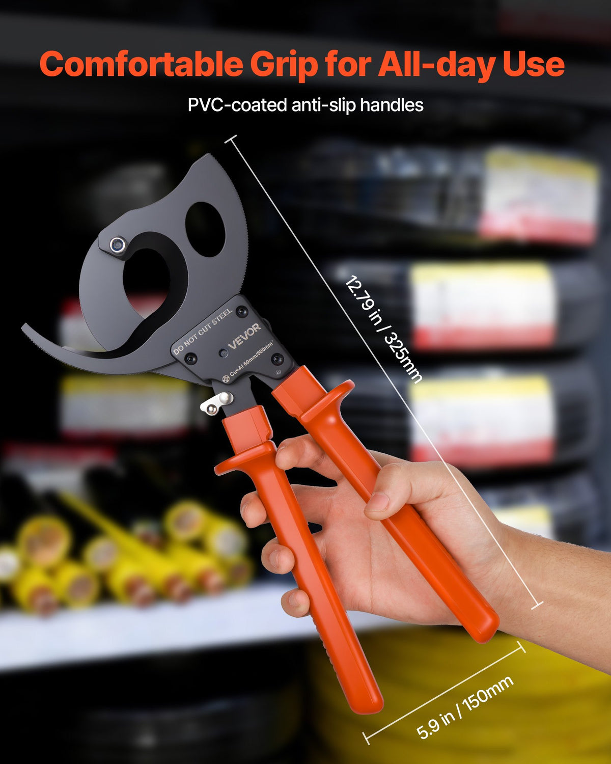 VEVOR Ratcheting Cable Cutter, Spring Steel Blades with PVC-Coated Handles, Quick-Release Button, Heavy Duty Ratchet Cable Wire Cutter for Cutting Copper & Aluminum Cables Up to 1000 MCM / 500 mm² - DLJD10INCHJLD1W12001V0 - view 6