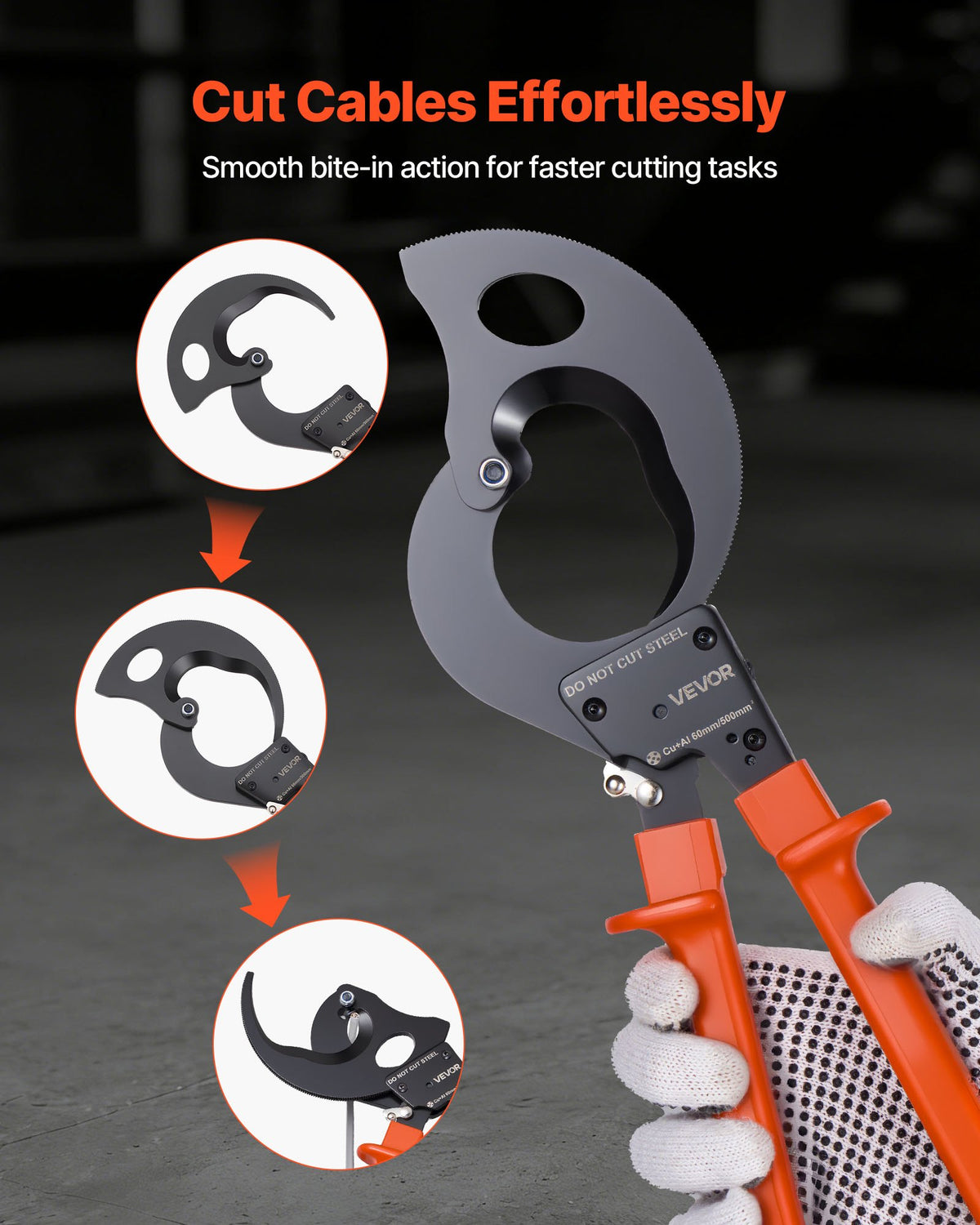 VEVOR Ratcheting Cable Cutter, Spring Steel Blades with PVC-Coated Handles, Quick-Release Button, Heavy Duty Ratchet Cable Wire Cutter for Cutting Copper & Aluminum Cables Up to 1000 MCM / 500 mm² - DLJD10INCHJLD1W12001V0 - view 7