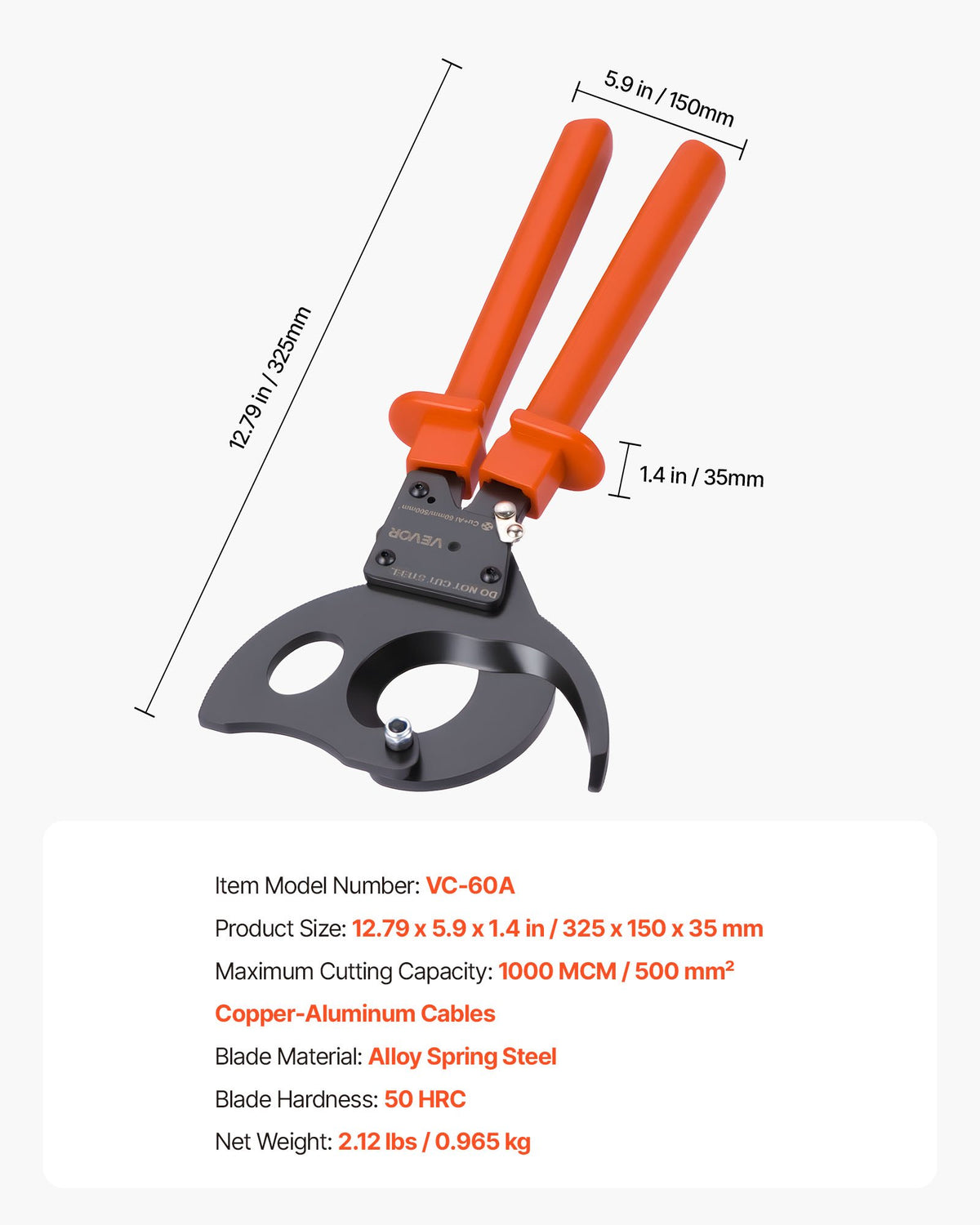 VEVOR Ratcheting Cable Cutter, Spring Steel Blades with PVC-Coated Handles, Quick-Release Button, Heavy Duty Ratchet Cable Wire Cutter for Cutting Copper & Aluminum Cables Up to 1000 MCM / 500 mm² - DLJD10INCHJLD1W12001V0 - view 8