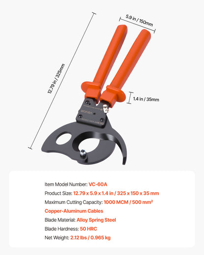 VEVOR Ratcheting Cable Cutter, Spring Steel Blades with PVC-Coated Handles, Quick-Release Button, Heavy Duty Ratchet Cable Wire Cutter for Cutting Copper & Aluminum Cables Up to 1000 MCM / 500 mm² - DLJD10INCHJLD1W12001V0 - view 8