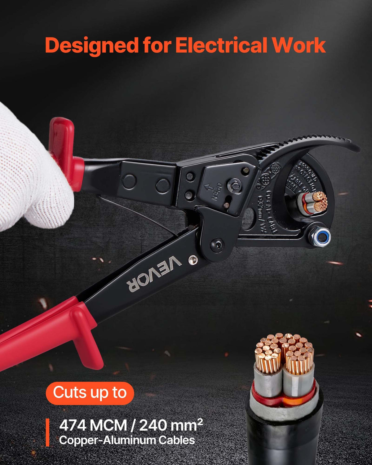 VEVOR Ratcheting Cable Cutter, Spring Steel Blades with PVC-Coated Handles, Quick-Release Button, Heavy Duty Ratchet Cable Wire Cutter for Cutting Copper & Aluminum Cables Up to 474 MCM / 240 mm² - DLJD10INCHJLG8RRK001V0 - view 3
