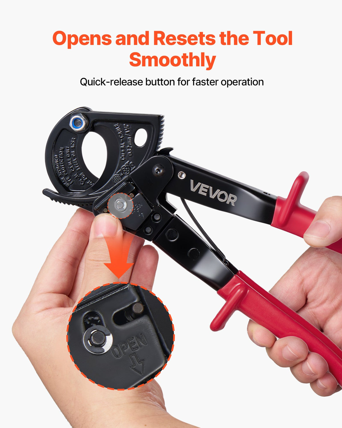 VEVOR Ratcheting Cable Cutter, Spring Steel Blades with PVC-Coated Handles, Quick-Release Button, Heavy Duty Ratchet Cable Wire Cutter for Cutting Copper & Aluminum Cables Up to 474 MCM / 240 mm² - DLJD10INCHJLG8RRK001V0 - view 5