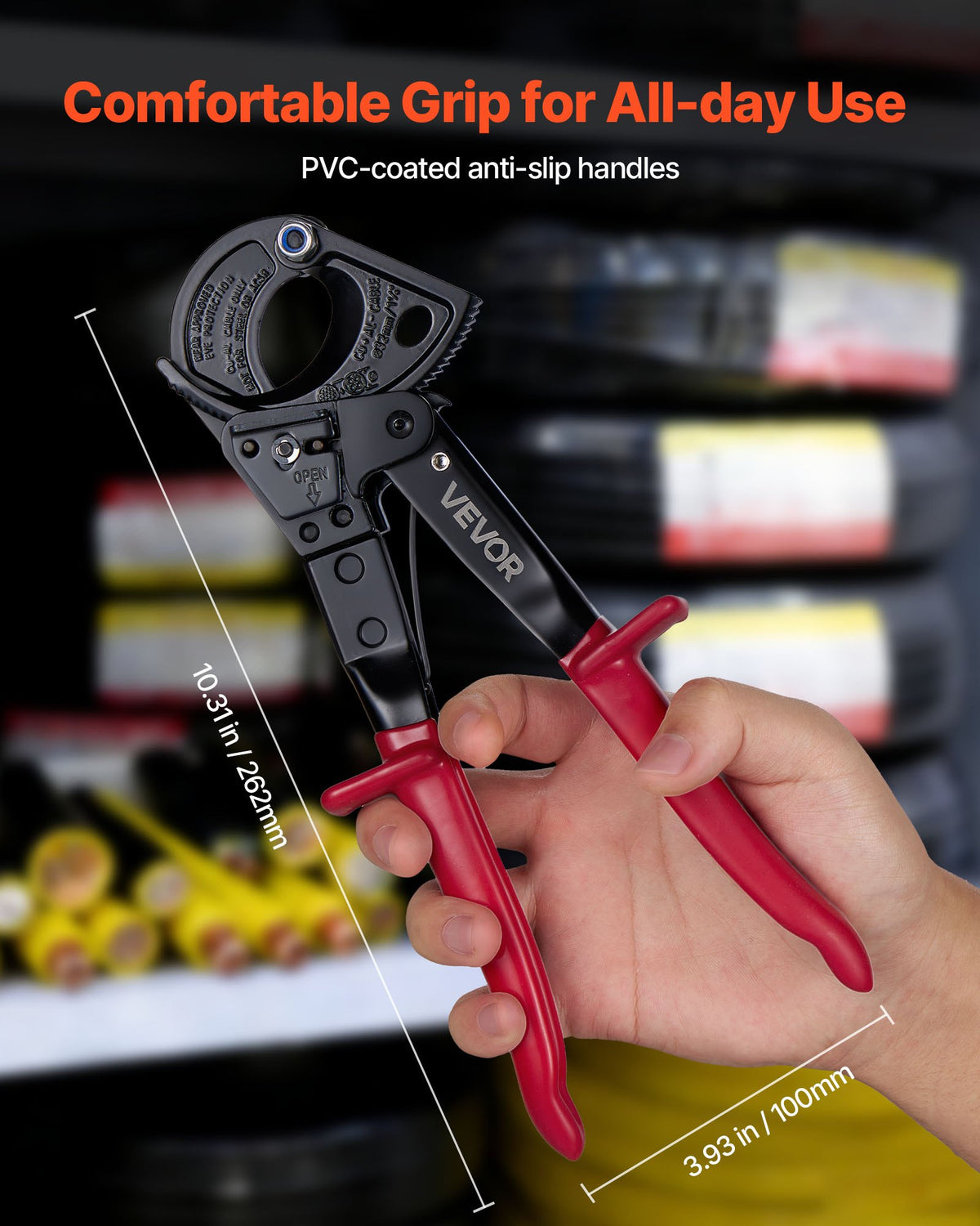 VEVOR Ratcheting Cable Cutter, Spring Steel Blades with PVC-Coated Handles, Quick-Release Button, Heavy Duty Ratchet Cable Wire Cutter for Cutting Copper & Aluminum Cables Up to 474 MCM / 240 mm² - DLJD10INCHJLG8RRK001V0 - view 6
