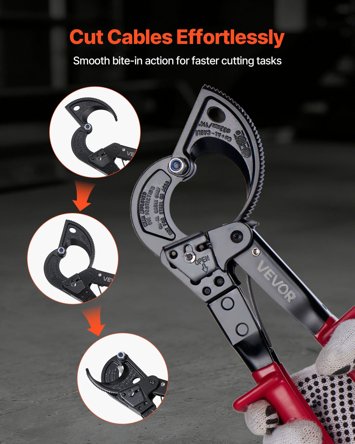 VEVOR Ratcheting Cable Cutter, Spring Steel Blades with PVC-Coated Handles, Quick-Release Button, Heavy Duty Ratchet Cable Wire Cutter for Cutting Copper & Aluminum Cables Up to 474 MCM / 240 mm² - DLJD10INCHJLG8RRK001V0 - view 7