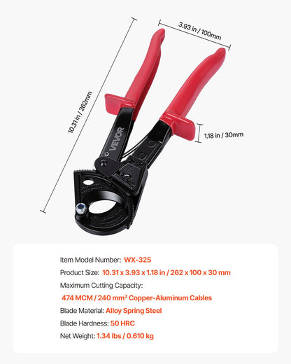 VEVOR Ratcheting Cable Cutter, Spring Steel Blades with PVC-Coated Handles, Quick-Release Button, Heavy Duty Ratchet Cable Wire Cutter for Cutting Copper & Aluminum Cables Up to 474 MCM / 240 mm² - DLJD10INCHJLG8RRK001V0 - view 8