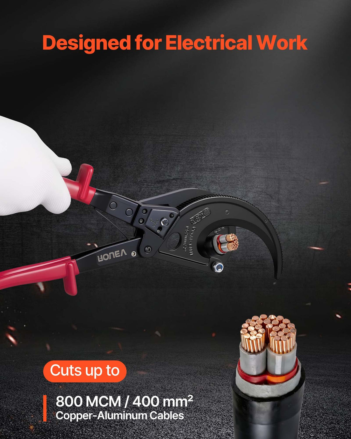 VEVOR Ratcheting Cable Cutter, Spring Steel Blades with Insulated Handles, Quick-Release Button, Heavy Duty Ratchet Cable Wire Cutter for Cutting Copper & Aluminum Cables Up to 800 MCM / 400 mm² - DLJD11INCHJLHM8JL001V0 - view 3