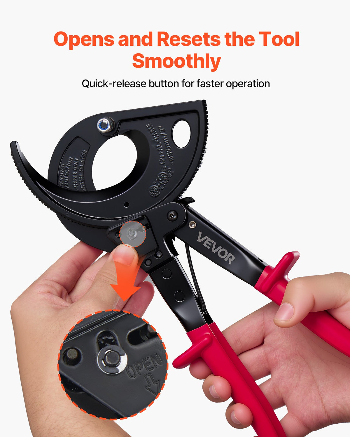 VEVOR Ratcheting Cable Cutter, Spring Steel Blades with Insulated Handles, Quick-Release Button, Heavy Duty Ratchet Cable Wire Cutter for Cutting Copper & Aluminum Cables Up to 800 MCM / 400 mm² - DLJD11INCHJLHM8JL001V0 - view 5
