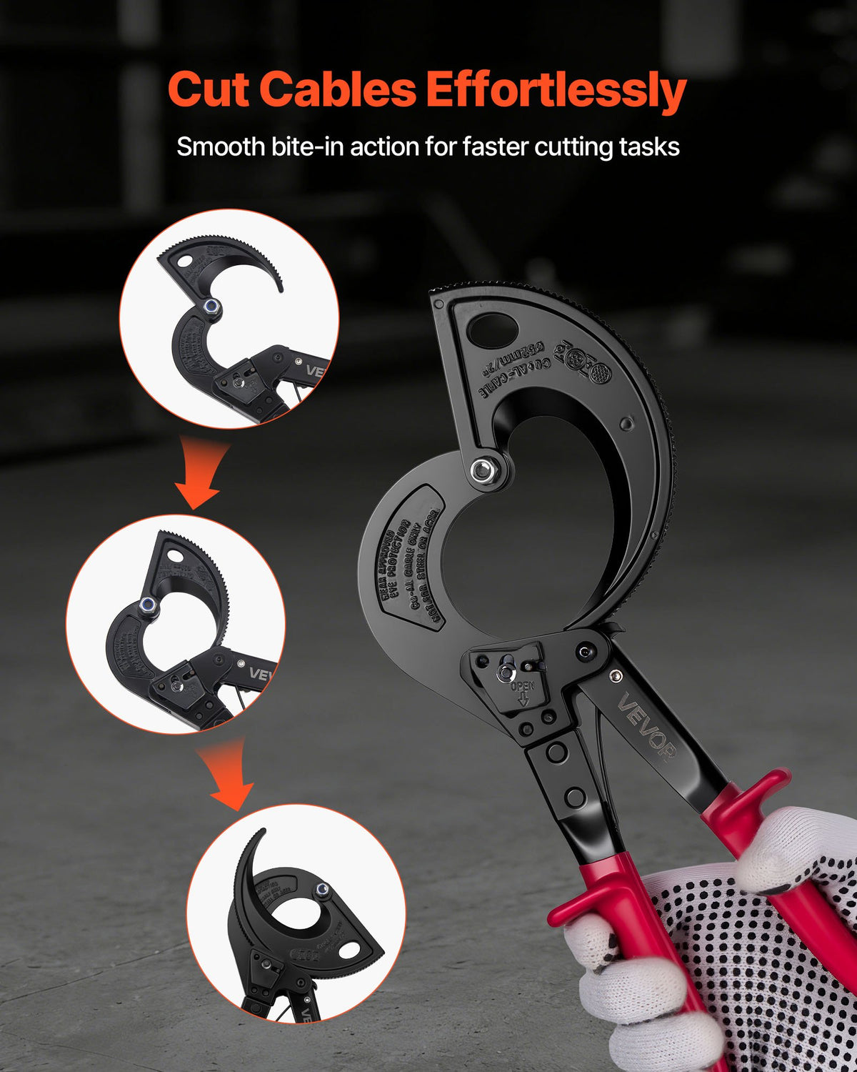 VEVOR Ratcheting Cable Cutter, Spring Steel Blades with Insulated Handles, Quick-Release Button, Heavy Duty Ratchet Cable Wire Cutter for Cutting Copper & Aluminum Cables Up to 800 MCM / 400 mm² - DLJD11INCHJLHM8JL001V0 - view 7