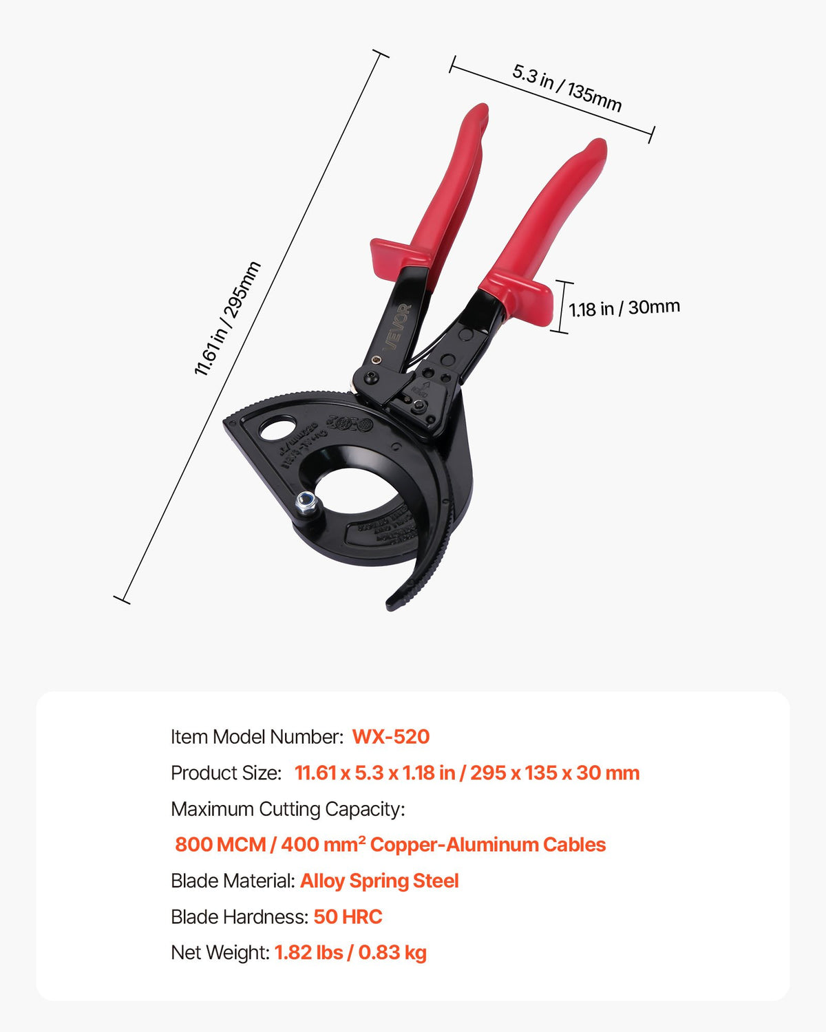 VEVOR Ratcheting Cable Cutter, Spring Steel Blades with Insulated Handles, Quick-Release Button, Heavy Duty Ratchet Cable Wire Cutter for Cutting Copper & Aluminum Cables Up to 800 MCM / 400 mm² - DLJD11INCHJLHM8JL001V0 - view 8