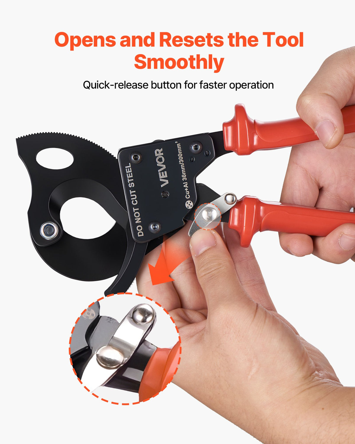VEVOR Ratcheting Cable Cutter, Spring Steel Blades with PVC-Coated Handles, Quick-Release Button, Heavy Duty Ratchet Cable Wire Cutter for Cutting Copper & Aluminum Cables Up to 600 MCM / 300 mm² - DLJD11INCHJLVEL32001V0 - view 5