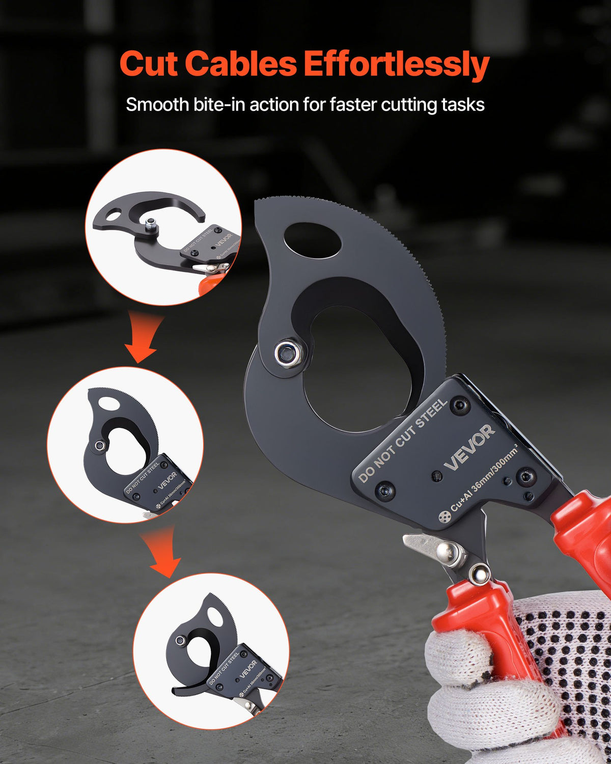 VEVOR Ratcheting Cable Cutter, Spring Steel Blades with PVC-Coated Handles, Quick-Release Button, Heavy Duty Ratchet Cable Wire Cutter for Cutting Copper & Aluminum Cables Up to 600 MCM / 300 mm² - DLJD11INCHJLVEL32001V0 - view 7