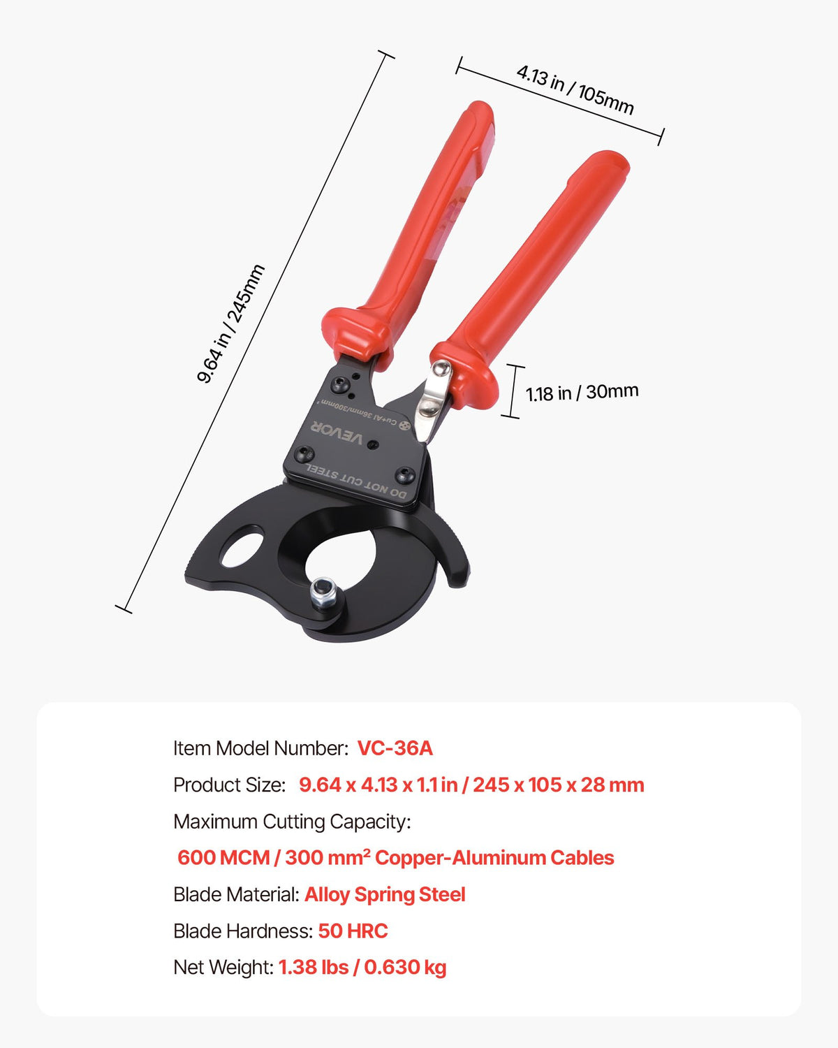 VEVOR Ratcheting Cable Cutter, Spring Steel Blades with PVC-Coated Handles, Quick-Release Button, Heavy Duty Ratchet Cable Wire Cutter for Cutting Copper & Aluminum Cables Up to 600 MCM / 300 mm² - DLJD11INCHJLVEL32001V0 - view 8