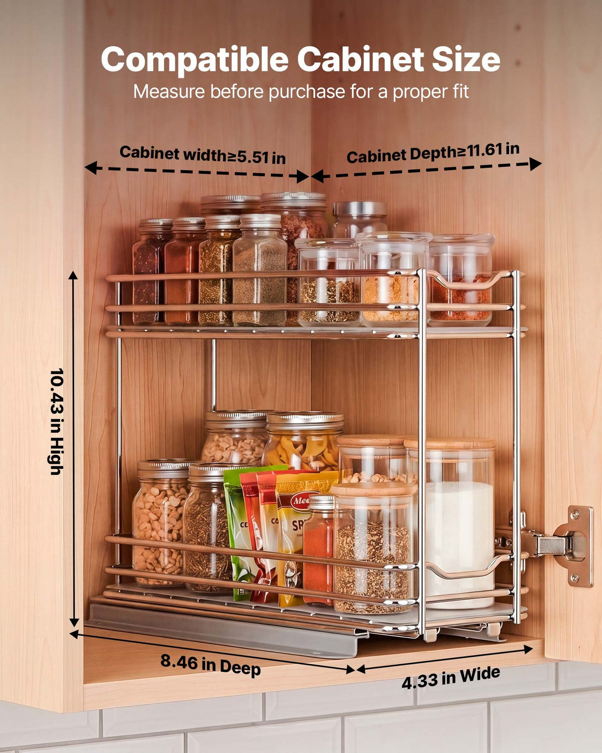 VEVOR Pull Out Spice Rack Organizer for Cabinet, 2 Tier Slide Out Spice Rack Organizer, Heavy Duty Metal Seasoning Kitchen Basket for Inside Cabinets & Pantry Closet, 4.33"W x 8.46"D x 10.43"H, Silver - DLJL10YC2CDGLXWR9001V0 - view 3