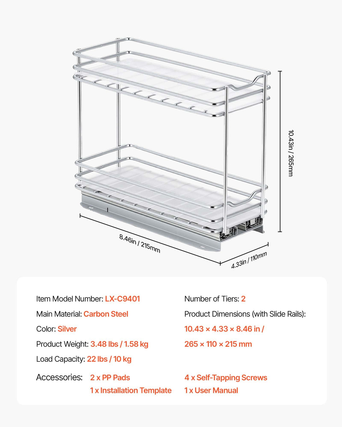 VEVOR Pull Out Spice Rack Organizer for Cabinet, 2 Tier Slide Out Spice Rack Organizer, Heavy Duty Metal Seasoning Kitchen Basket for Inside Cabinets & Pantry Closet, 4.33"W x 8.46"D x 10.43"H, Silver - DLJL10YC2CDGLXWR9001V0 - view 8