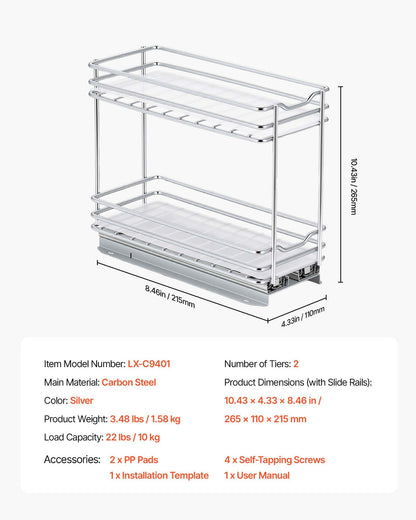 VEVOR Pull Out Spice Rack Organizer for Cabinet, 2 Tier Slide Out Spice Rack Organizer, Heavy Duty Metal Seasoning Kitchen Basket for Inside Cabinets & Pantry Closet, 4.33"W x 8.46"D x 10.43"H, Silver - DLJL10YC2CDGLXWR9001V0 - view 8