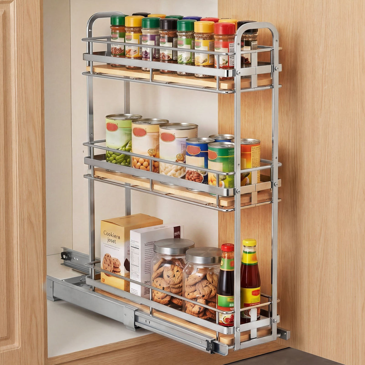 VEVOR Pull Out Spice Rack Organizer for Cabinet, 3 Tier Slide Out Spice Rack Organizer, Height Adjustable Heavy Duty Metal Seasoning Kitchen Basket for Cabinets, 5.75"W x 20.98"D x 21.34"H, Silver - DLJL21YC3CDGTUL0Z001V0 - view 1